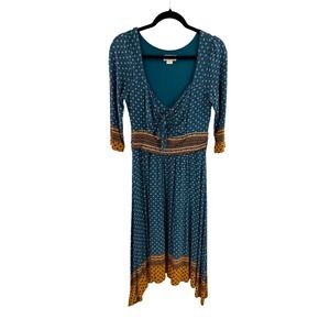 Maeve by Anthropologie Teal Geometric Print Tie Front Midi Dress Women's Medium